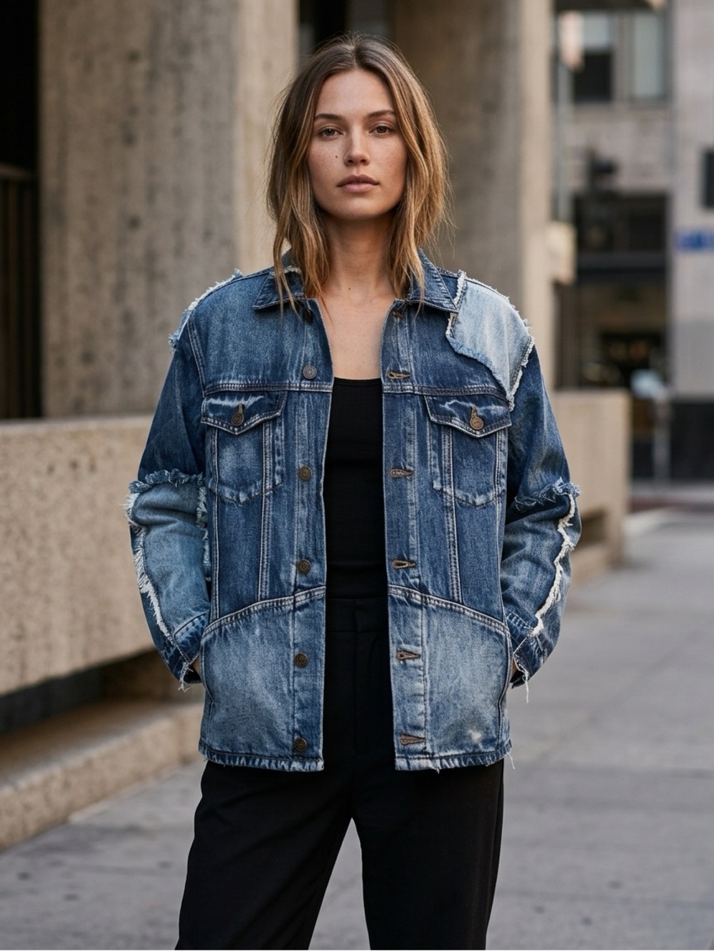 Sandrine Rose Patchwork Denim Jacket Deconstructed Raw Edge Oversized S NWT